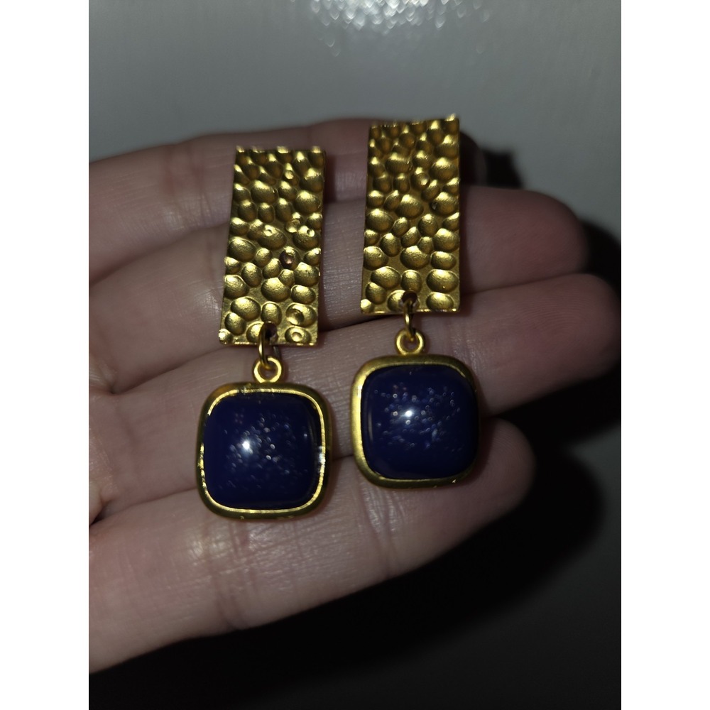 Moda Di Pietra Square Cabachon Lapis Earrings. 18k Gold Over Bronze